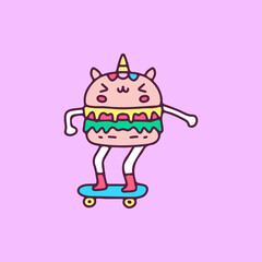 Kawaii unicorn burger riding skateboard, illustration for t-shirt, sticker, or apparel merchandise. With doodle, retro, and cartoon style.