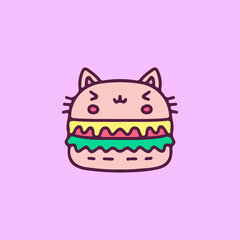 Kawaii cat burger, illustration for t-shirt, sticker, or apparel merchandise. With doodle cartoon style.
