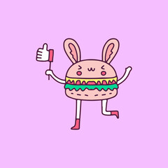 Kawaii bunny burger holding like button, illustration for t-shirt, sticker, or apparel merchandise. With doodle, retro, and cartoon style.