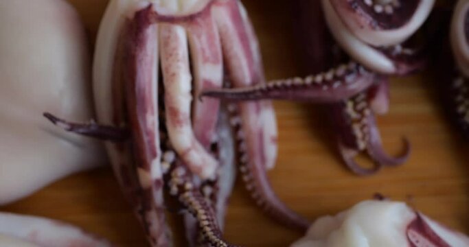 Tentacles and carcass of boiled squid on a cutting board.