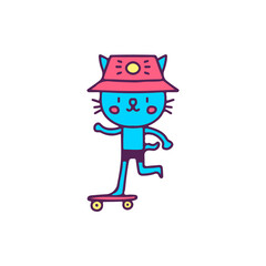 Hype cat wearing bucket hat riding skateboard, illustration for t-shirt, sticker, or apparel merchandise. With doodle, retro, and cartoon style.