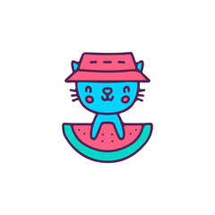 Adorable cat wearing bucket hat with watermelon, illustration for t-shirt, sticker, or apparel merchandise. With doodle, retro, and cartoon style.