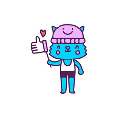Hype cat in beanie hat holding like button, illustration for t-shirt, sticker, or apparel merchandise. With doodle, retro, and cartoon style.