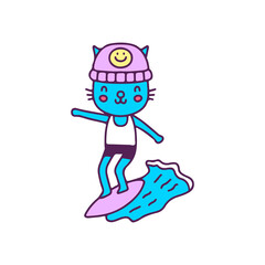 Cool cat in beanie hat surfing, illustration for t-shirt, sticker, or apparel merchandise. With doodle, retro, and cartoon style.