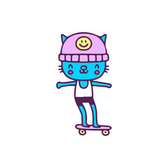 Cool cat in beanie hat riding skateboard, illustration for t-shirt, sticker, or apparel merchandise. With doodle, retro, and cartoon style.