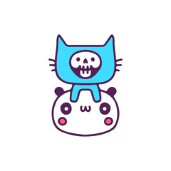 Cat skull and panda bear, illustration for t-shirt, sticker, or apparel merchandise. With doodle, retro, and cartoon style.