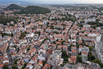 Drone photo of Old Town of Plovdiv, Bulgaria, view with hills called Danov, Youth and Liberators