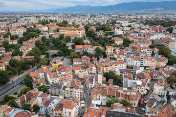 Fototapeta na wymiar Drone photo of buildings in Kapana aera of Plovdiv city in Bulgaria