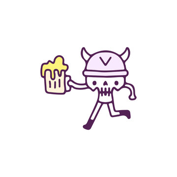 Cute Viking skull holding glass of beer, illustration for t-shirt, sticker, or apparel merchandise. With doodle, retro, and cartoon style.