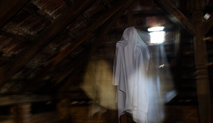 blurred image of ghost in the attic haunted house for Halloween - obrazy, fototapety, plakaty