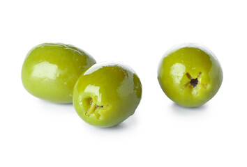 Three delicious green olives on white background