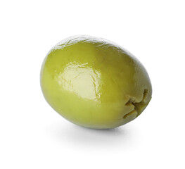 One green olive on white background