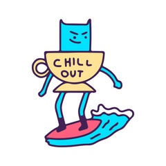 Funny cat in cup of coffee surfing, illustration for t-shirt, street wear, sticker, or apparel merchandise. With doodle, retro, and cartoon style.