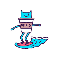 Kawaii cat coffee surfing, illustration for t-shirt, street wear, sticker, or apparel merchandise. With doodle, retro, and cartoon style.