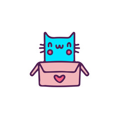 Kawaii cat inside the box, illustration for t-shirt, street wear, sticker, or apparel merchandise. With doodle, retro, and cartoon style.