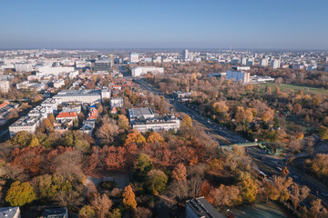 Aerial drone photo with Wawelska Street in Warsaw city, Poland