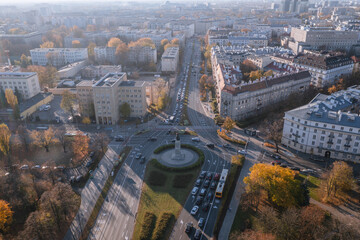 Aerial view with Aviator Monument Zwirko and Wigura in Warsaw city, Poland