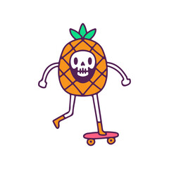 Kawaii pineapple skull riding skateboard, illustration for t-shirt, street wear, sticker, or apparel merchandise. With doodle, retro, and cartoon style.
