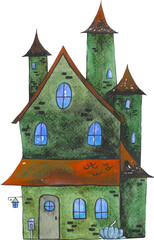 Halloween castle watercolor painting for design.