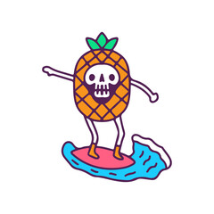 Surfing pineapple skull mascot, illustration for t-shirt, street wear, sticker, or apparel merchandise. With doodle, retro, and cartoon style.