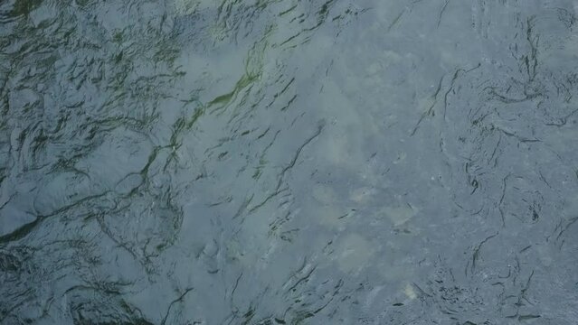 Top view flowing river, closeup. Clean blue river water texture background. Natural pure turquoise river surface flow. Cool fresh mountain stream water flows in spring day. 4k footage. Wild ecology