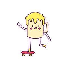 Kawaii glass of beer riding skateboard, illustration for t-shirt, street wear, sticker, or apparel merchandise. With doodle, retro, and cartoon style.