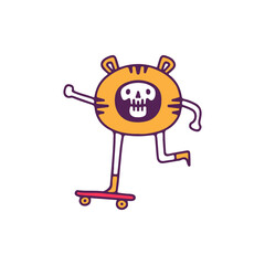 Kawaii skull in tiger costume riding skateboard, illustration for t-shirt, street wear, sticker, or apparel merchandise. With doodle, retro, and cartoon style.