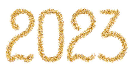 Tinsel. 2023. Lettering from a festive Christmas decoration. Fluffy numbers. Golden color. Vector illustration. Isolated white background. Cute plush message. coming year. Rustling lettering. 