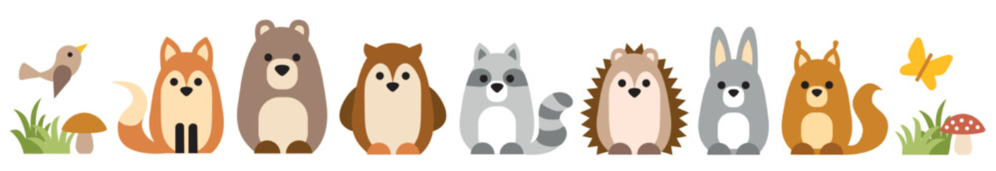 isolated vector graphic illustration of cute animals in a forest, hedgehog, fox, bear, squirrel, raccoon, rabbit, owl surrounded by trees, grass, a bird and a butterfly