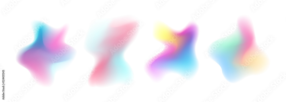 Poster set of blurred liquid shapes. defocused color gradient blobs or splashes collection isolated on whit