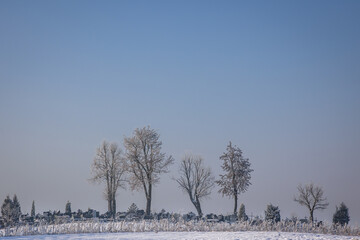 Cemetery during winter in Rogow village, Lodz Province of Poland