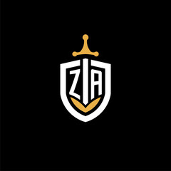 Creative letter ZA logo gaming esport with shield and sword design ideas - obrazy, fototapety, plakaty