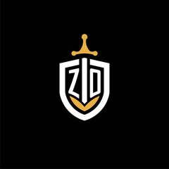 Creative letter ZO logo gaming esport with shield and sword design ideas - obrazy, fototapety, plakaty