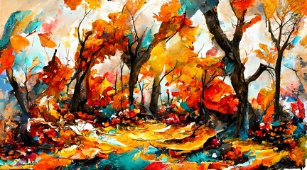 Obraz na płótnie Canvas oil painting landscape autumn forest full of fallen 