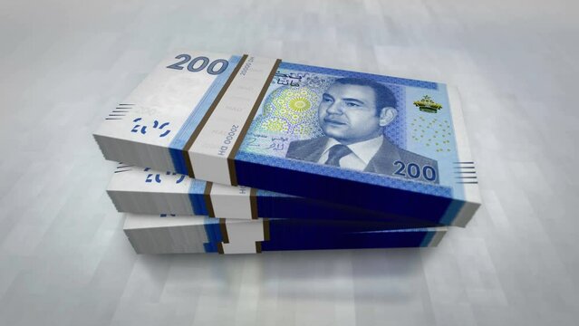 Morocco money. Moroccan Dirham banknote pile pack. Concept background of economy, banking, business, crisis, recession, debt and finance. 200 MAD banknotes stacks 3d animation.