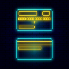 Glowing neon credit card user interface icon. Glowing sign logo vector isolated on brick wall