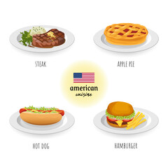 American cuisine (steak, apple pie, hot dog and hamburger) in white isolated background. Food concept vector illustration