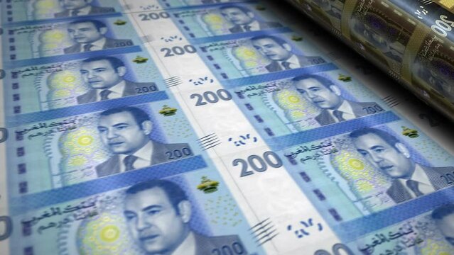 Morocco money. Moroccan Dirham banknotes printing roll machine loop. Paper MAD bank note print 3d looping seamless. Abstract concept of banking, debt, finance, economy and crisis.