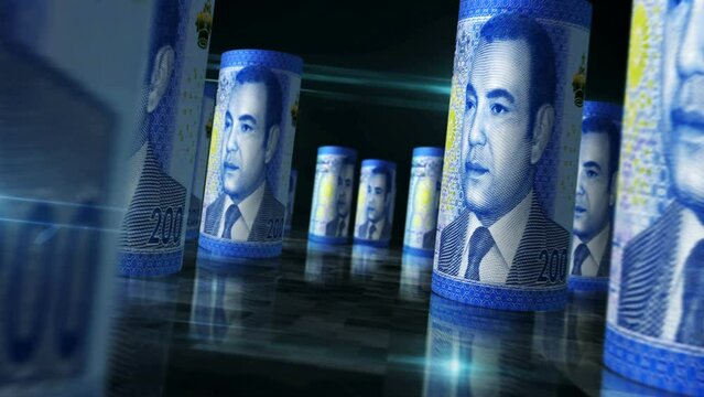 Morocco money. Moroccan Dirham rolls loop 3d animation. Money on the table. Seamless and loopable abstract concept of economy, finance, business and recession. Camera between MAD rolled banknotes.