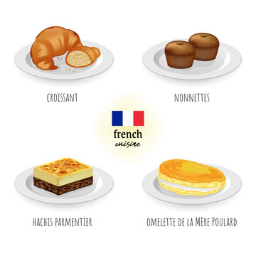 French cuisine (croissant, nonnette, hachis parmentier, omelette de la mère poulard) in white isolated background. Food concept vector illustration