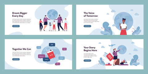 Education abroad banner template concept. Vector flat design character illustration set. Group of different ethnic boy and girl pupil student. Planet Earth, ticket, id, various language, plane symbol