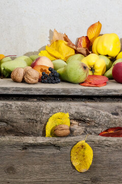 autumn harvest on the wooden board. bunch of ripe fruits. natural grown healthy food and sustainable living