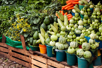 Mexican local street market displays green vegetables and herbs in San Cristobal de las Casas, Chiapas, Mexico.