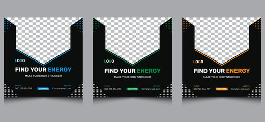 Simple abstract clean creative modern minimalist  gym fitness square advertising web banner yoga sports ads flyer story Instagram post design template black green orange blue color variation.  
