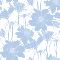 Seamless flower pattern background with line blue Cosmos flower and leaf drawing illustration.