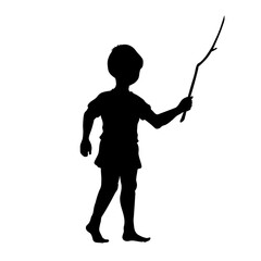 Kid plays with wooden stick. Boy takes tree branch. Childhood scene. Rural child activity