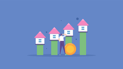property business, real estate, home investment. a businessman sees an opportunity to increase property prices in the future. growth or increase in asset prices. flat cartoon illustration. concept