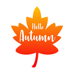 Logotipo con texto manuscrito Hello Autumn con silueta de hoja de arce en color anaranjado © teracreonte