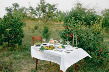 Outdoor garden picnic with beautiful rustic table set. Beautiful summer flowers on the table.