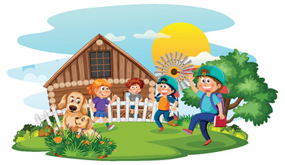 Farm scene with kids cartoon character